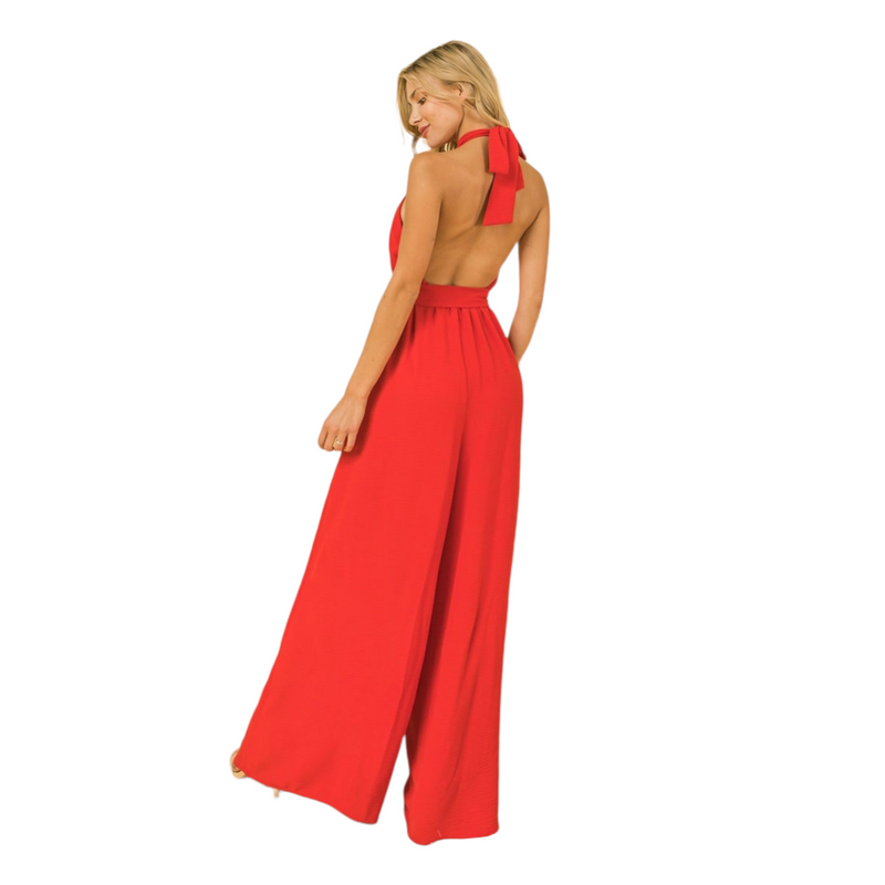 Red halter neck jumpsuit on sale