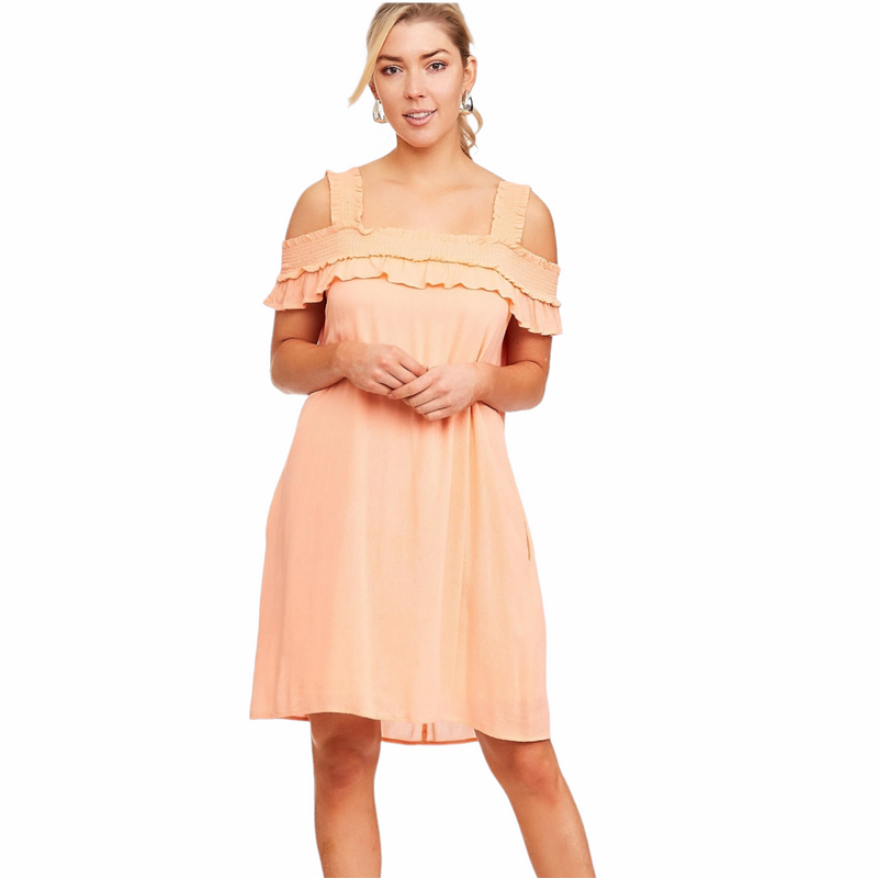 Ruffled Cold Shoulder Dress Peach