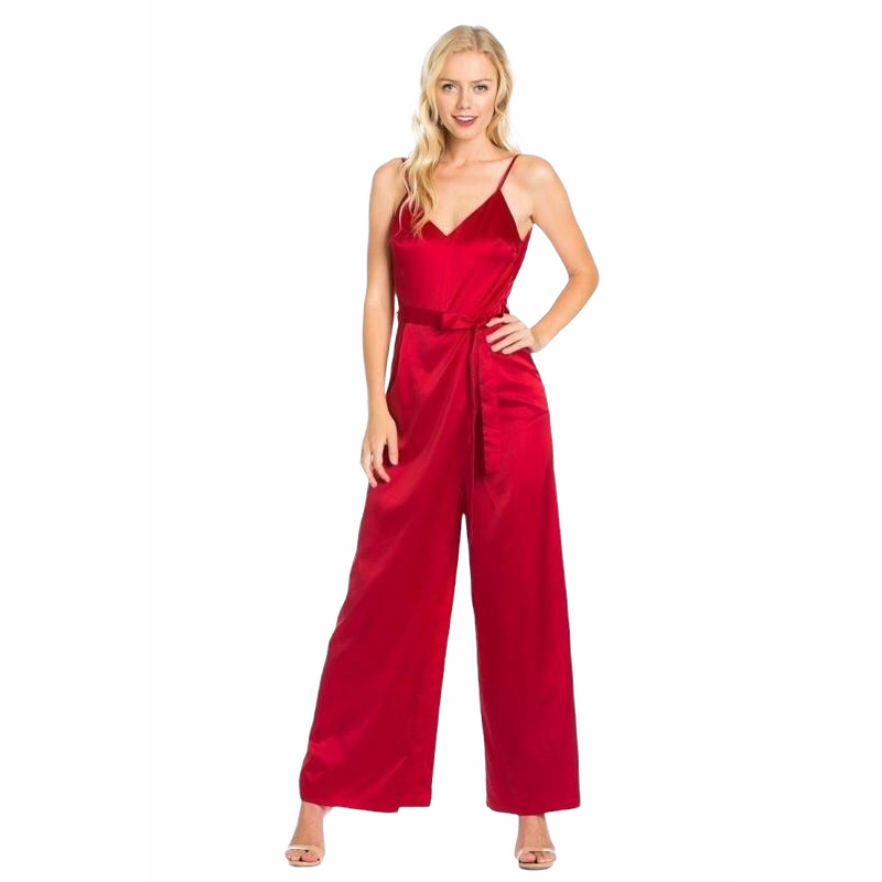 Red satin jumpsuit shop