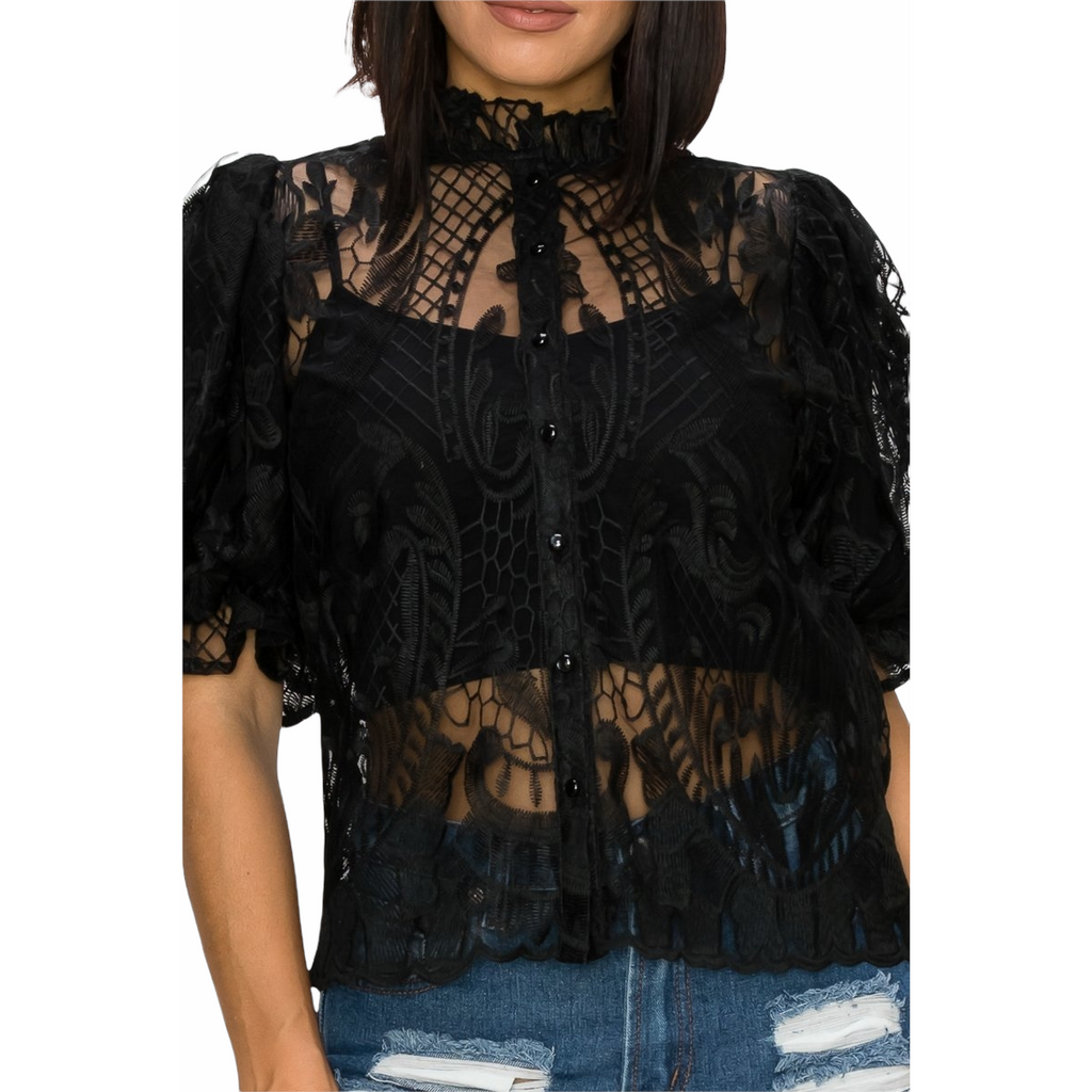 Sheer Bubble Sleeves Top Black