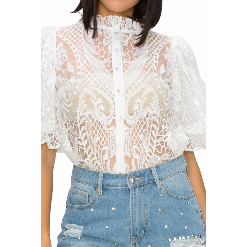 Sheer Bubble Sleeves Top White