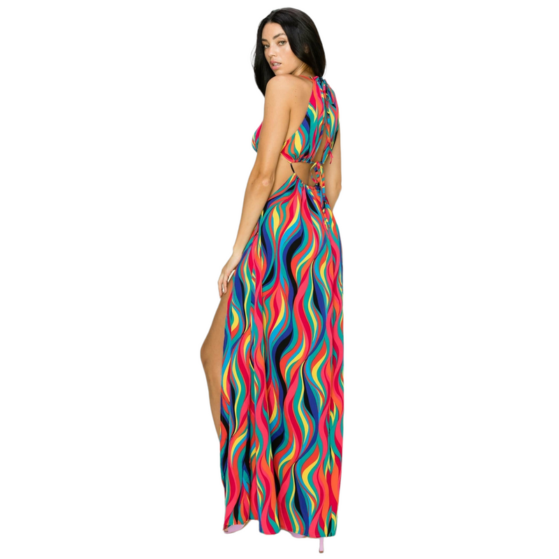 Wavy Print Cut Out Maxi Dress