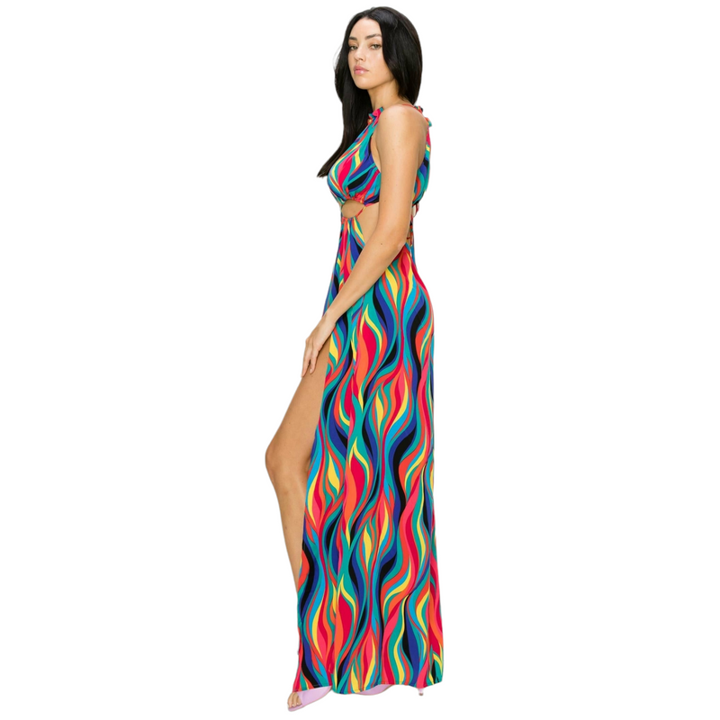 Wavy Print Cut Out Maxi Dress