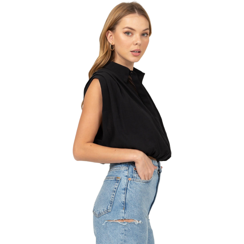 Black Collared Pleated Top