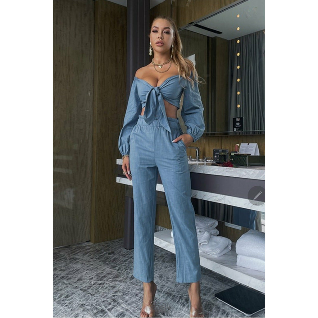 Front Tie Blue Pant Set