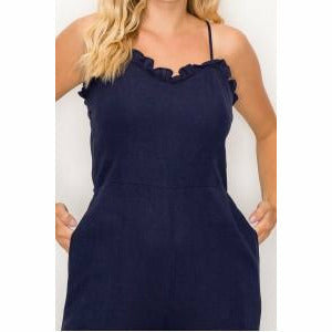 Ruffle Trim Linen Jumpsuit Navy